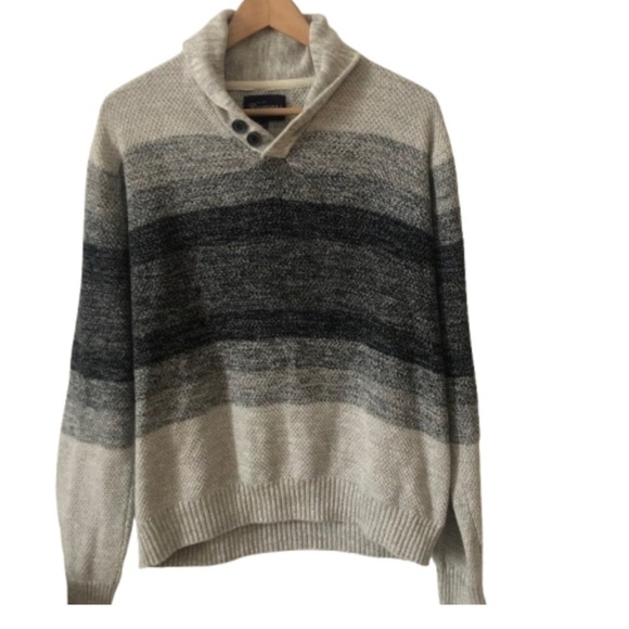 Men’s Gray and Black Striped Shawl Collar Cotton Sweater XL - Picture 2 of 10